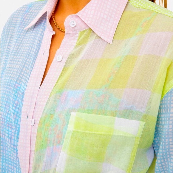 New Solid & Striped x Free People Oxford Med Pink Blue Plaid Coverup Buttondown - Picture 3 of 16